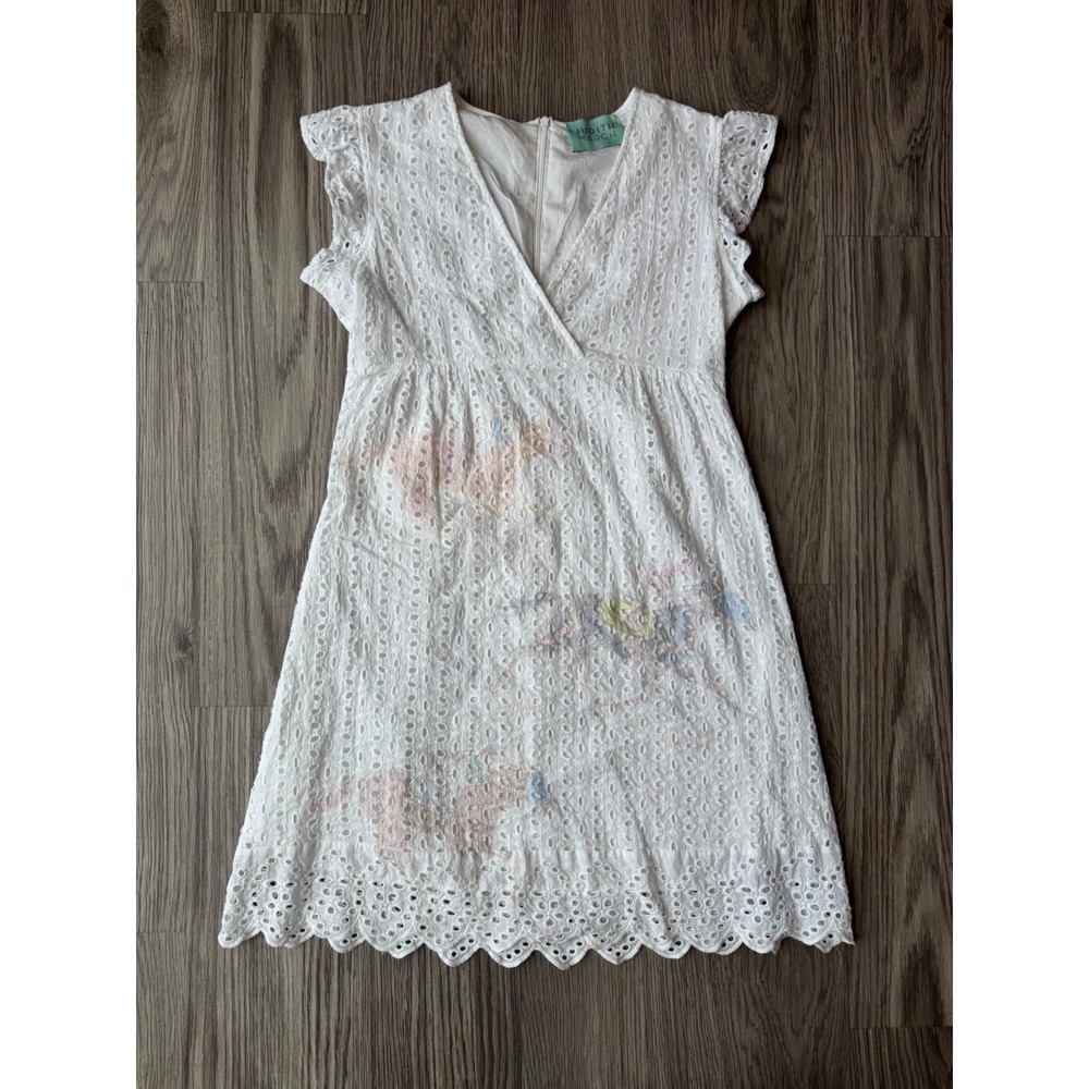 Judith March Race Horse White Eyelet Lace Mini Dress V-Neck Flutter Sleeve Small